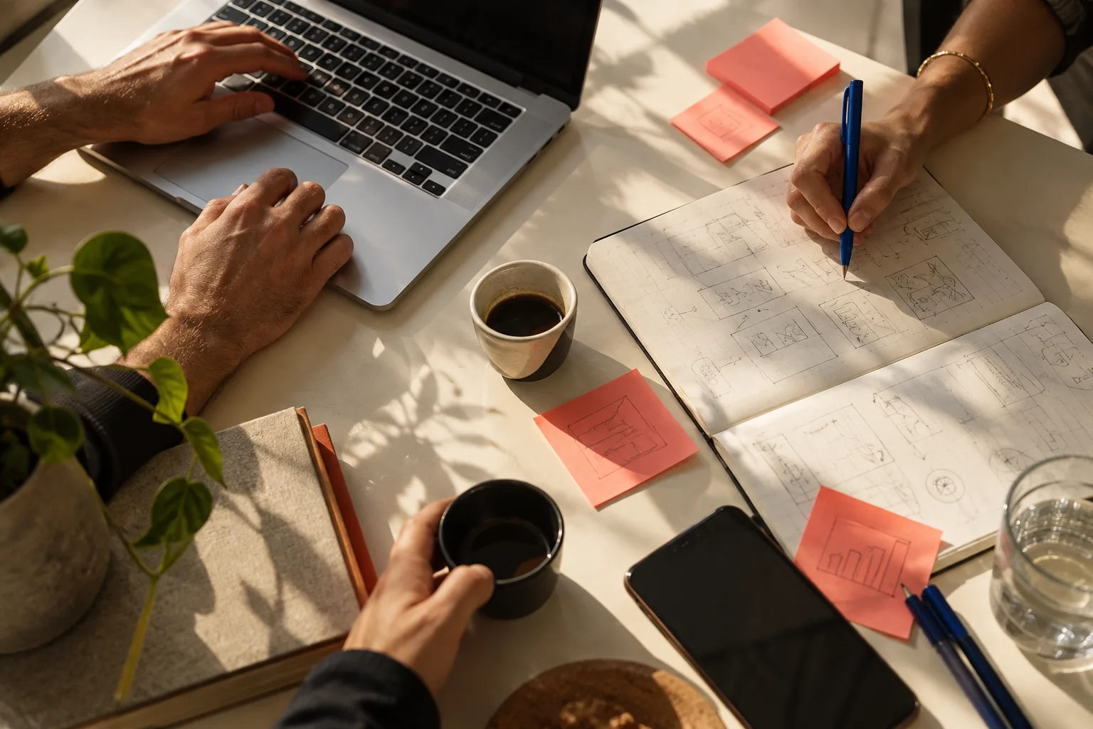 Mãos trabalhando entre um notebook, café e rascunhos de produto.